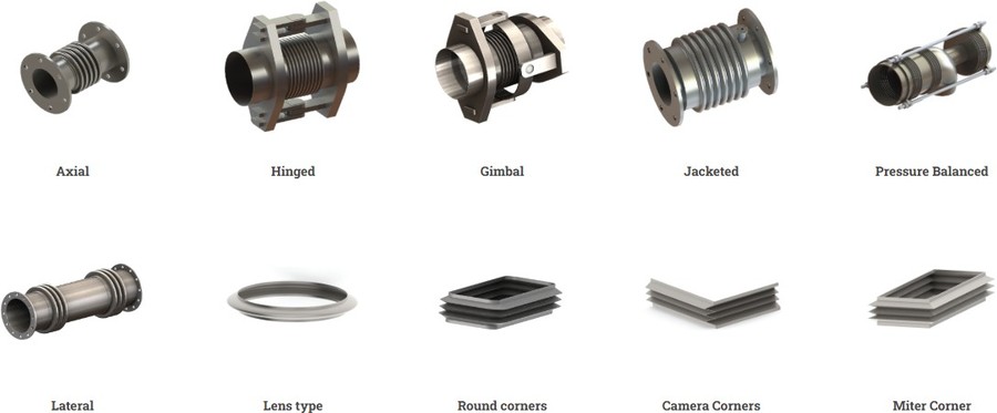 Metal expansion joints row 1: Axial, Hinged, Gimbal, Jacketed, Pressure Balanced